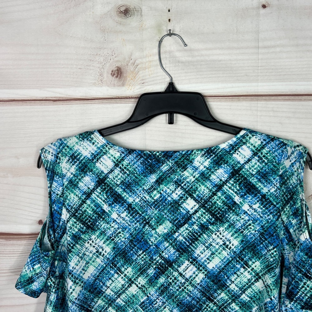 Bleeker & McDougal Top Womens 2X Blue Green Plaid Blouse Cold Shoulder Knit Lace - Picture 7 of 7